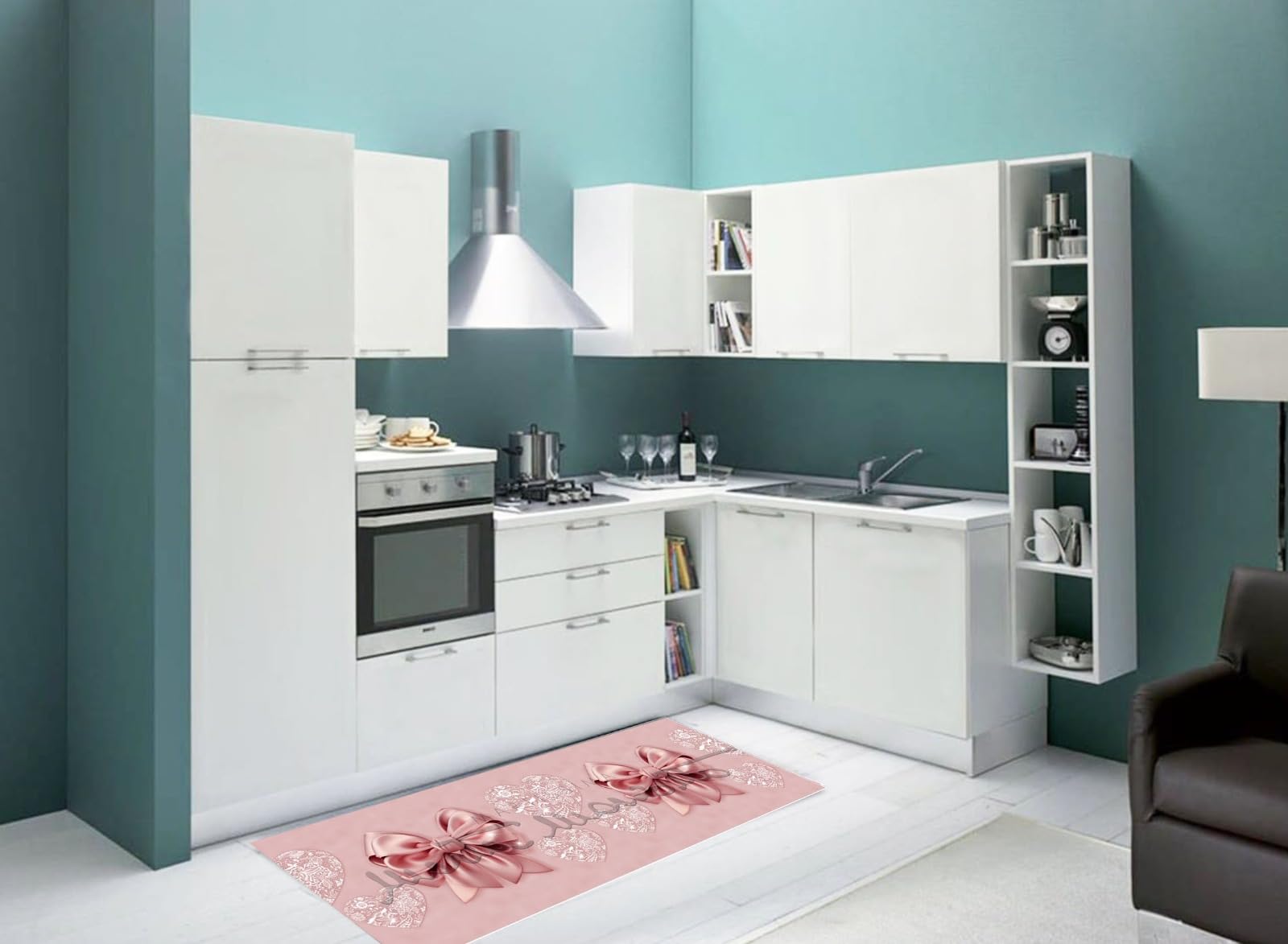 PELLECCHIA 1969 | Tappeto Cucina, Tappeto Antiscivolo Lavabile, Passatoia, Tappeto Runner |Retro in gomma |100% Poliestere |Disegno Fiocco e Cuori (50 x 300, Cipria)