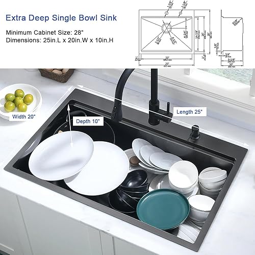 Miniatura 6 de Hovheir - Fregadero de cocina negro de 25 pulgadas con caída en la parte superior, fregadero de cocina de 25 x 20 pulgadas, fregadero de cocina de
