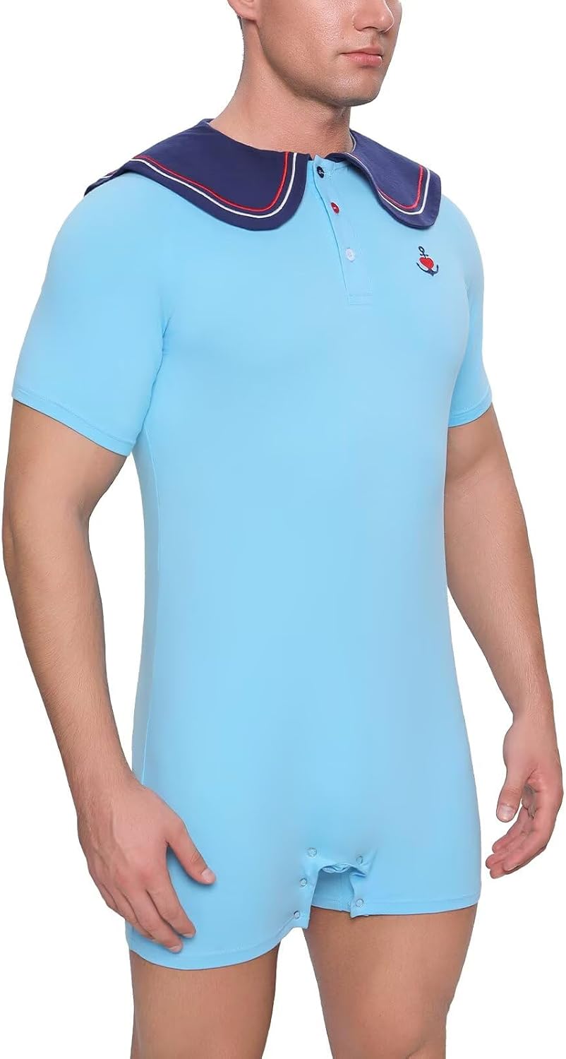 Landofgenie Men’s Cotton Onesie Sailor Collar Bodysuit Short Sleeve Print Romper Pajama - Captain - Image 5