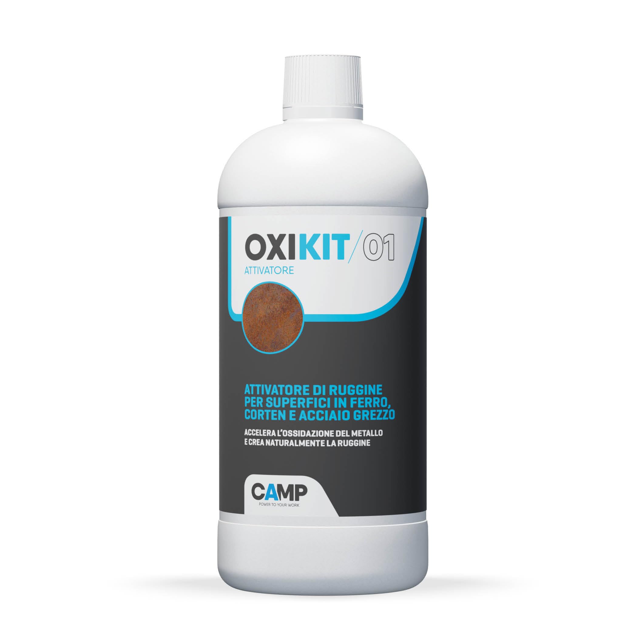 CAMP Oxi Kit 01 - Attivatore Ruggine per Superfici in Ferro, Corten e Acciaio Grezzo, Accelera l'Ossidazione dei Metalli Ferrosi e Li Protegge nel Tempo Mantenendo l'Effetto Ruggine, Made in Italy, 1l