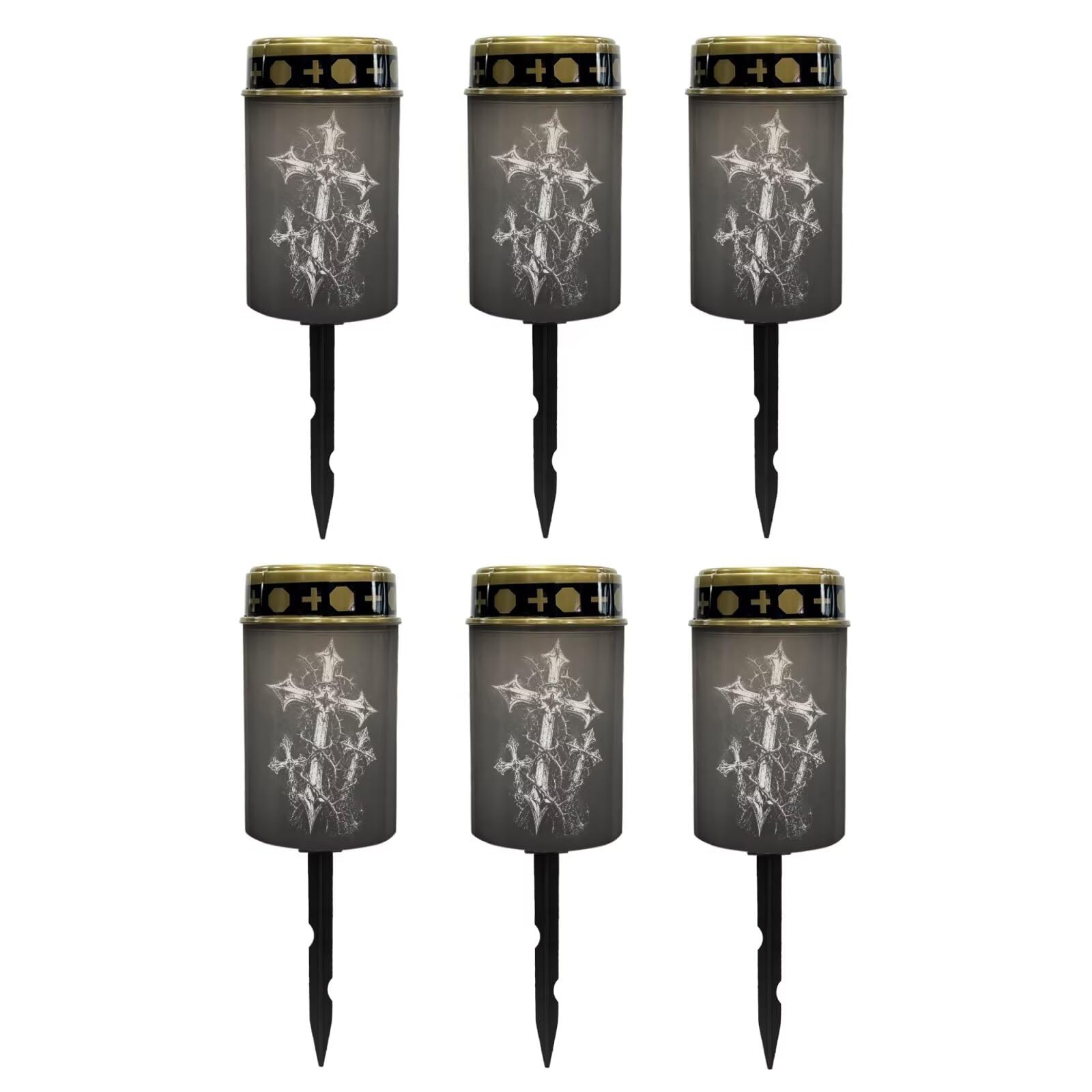 Poceacles Solar Powered Outdoor Lights Cemetery Solar Memorial Lights Outdoor Waterproof Landscape Candles for Yard Patio Lawn Home Decor, Cross Print Black, Set of 6