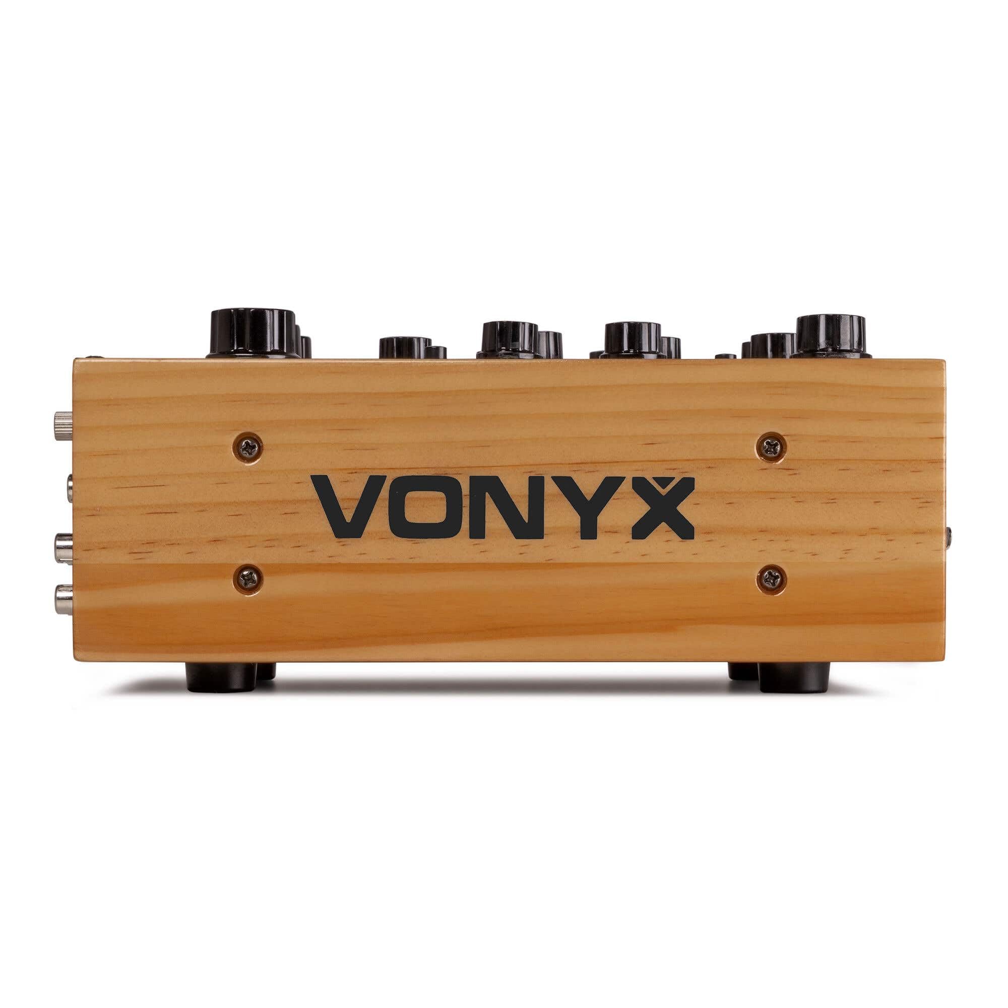 Vonyx VDJ270 DJ mixer a 4 canali – analogico Rotary Audio Mixer con 2 bande EQ & XLR – Retro DJ mixer nero effetto legno – Sound Mixer per vinile & Club – Include Booth Output & Mic Input