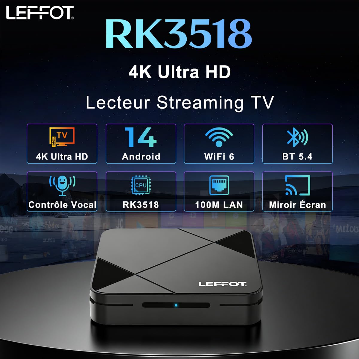 4K - Custodia Android TV, LEFFOT Android 14.0 TV Box 2026, 2GB RAM + 16GB ROM | Custodia IP-TV Streaming con controllo vocale, WiFi 6, BT 5.4, USB 3.0 HDR10, RK3518 Quad-Core A53