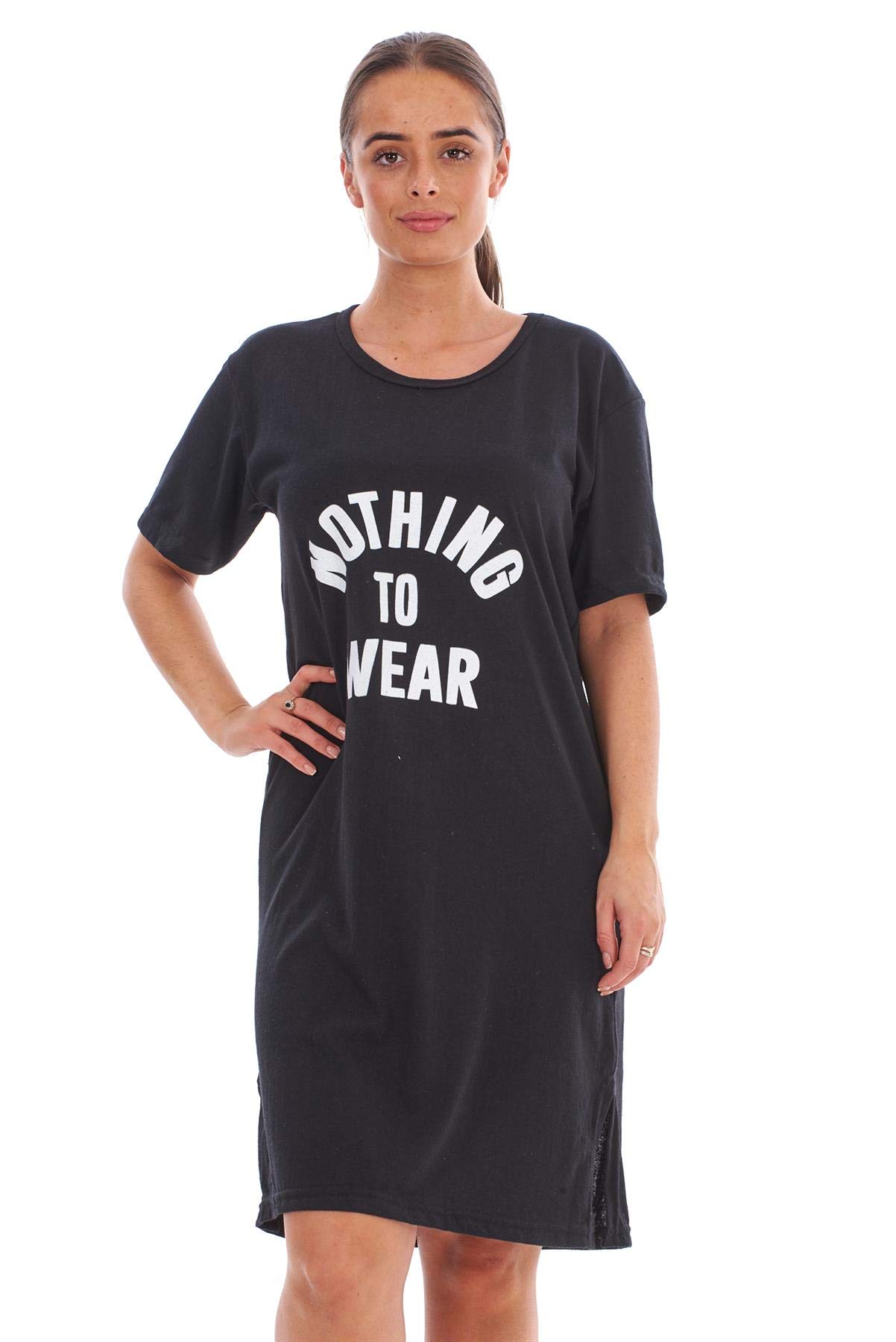 Malay Women's Black Nothing Sleepwear Printed Word Round Neck Short Sleeve Plain Nightwear Nightshirt