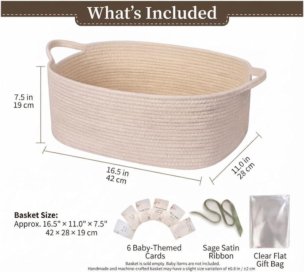 Large Empty Baby Shower Basket Kit with Cotton Rope Basket & Gift Bag
