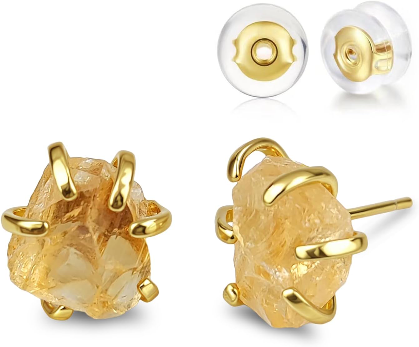 Crystal Earrings, Natural Raw Citrine Prong Setting Stud Earrings for Women, Handmade Gold Plated November Birthstone Earrings