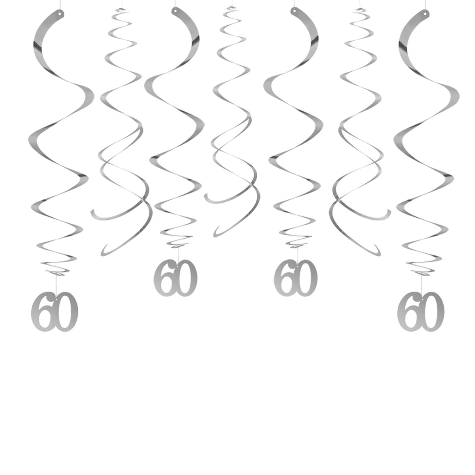 AimtoHome Party Swirl Decorations, Silver 60th Birthday Swirl Decoration, 60th Anniversary Ceiling Hanging Party Swirl Decoration, Pack of 30