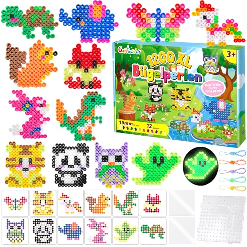 Große Bügelperlen 10mm, 1200 Stück XL Bügelperlen Set mit Leuchtend im Dunkeln Steckperlen, 12 Farben Maxi Steckperlen mit Platten, Muster and Bügelpapier, Kreatives Perlenset für Kinder ab 3 Jahren