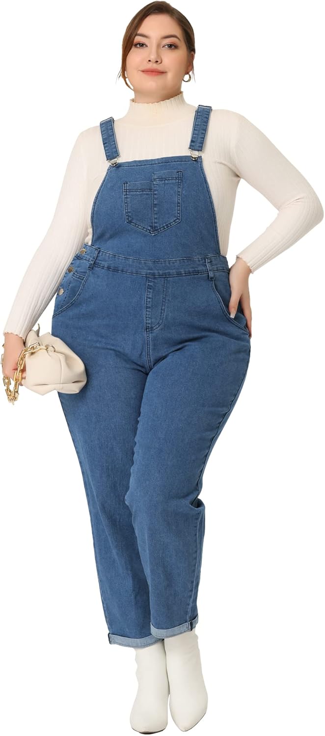 Agnes Orinda Women's Plus Size Casual Stretch Adjustable Denim Bib Overalls Jeans Pants Jumpsuits - Image 3