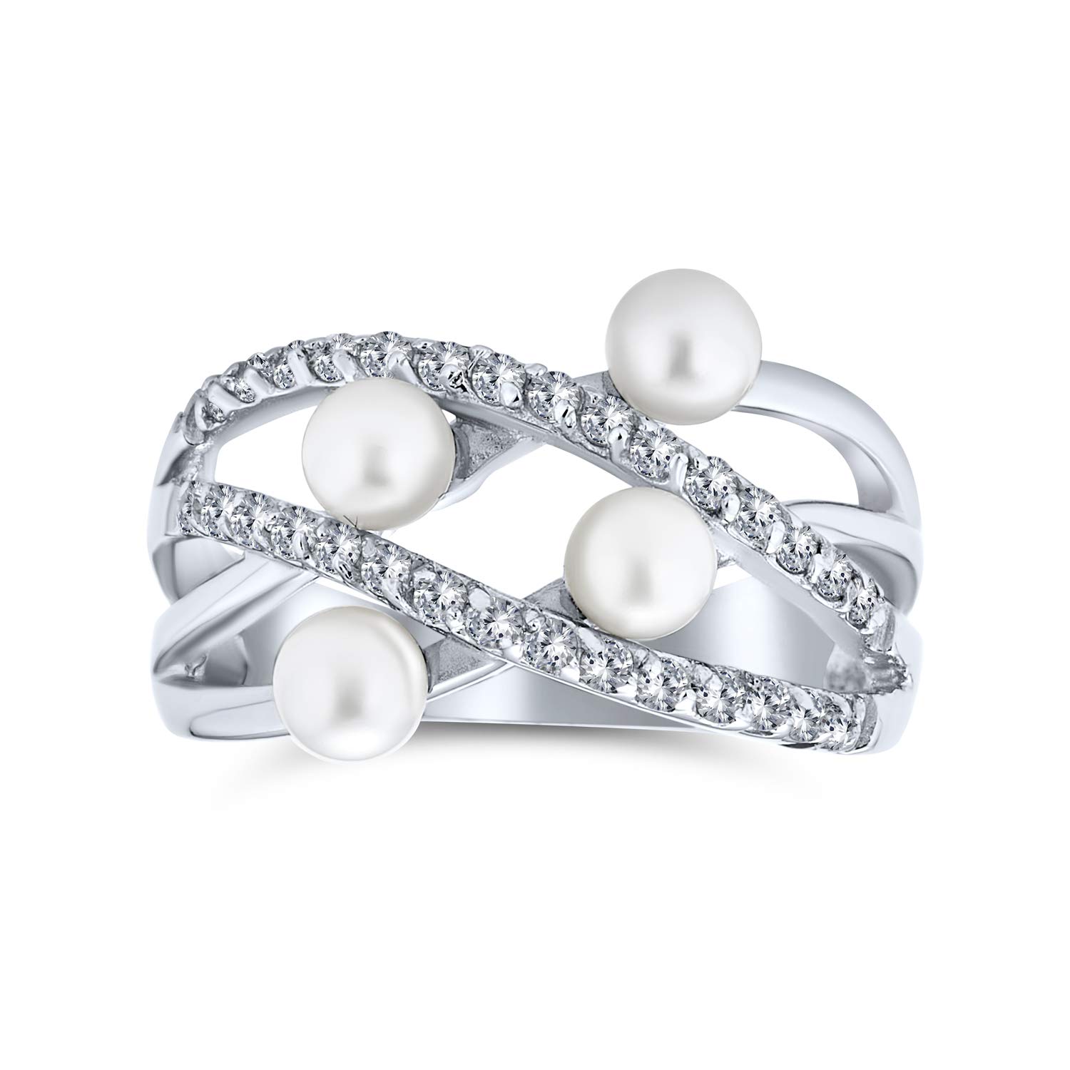 Personalizza anello di fidanzamento da donna in stile Art Deco con perla d'acqua dolce bianca coltivata, anello statement cocktail, fascia tripla pavé in argento sterling 925 personalizzabile