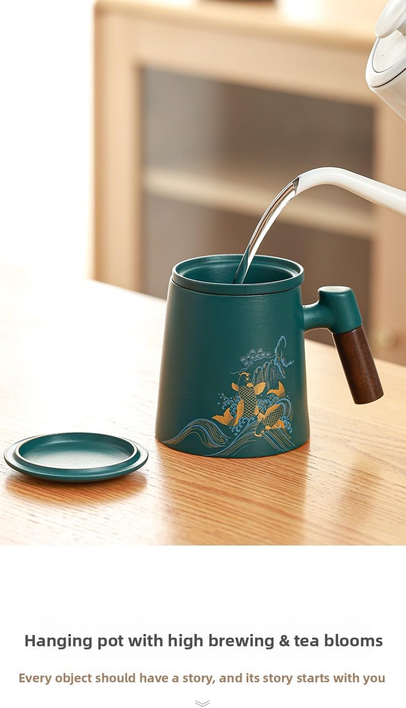 Ceramic Teacup with Infuser and Lid, 13.5oz Loose Leaf Tea Mug with Strainer, Ceramic Tea Infuser Travel Mug Gift for Women and Men, Home or Office Use (Black)