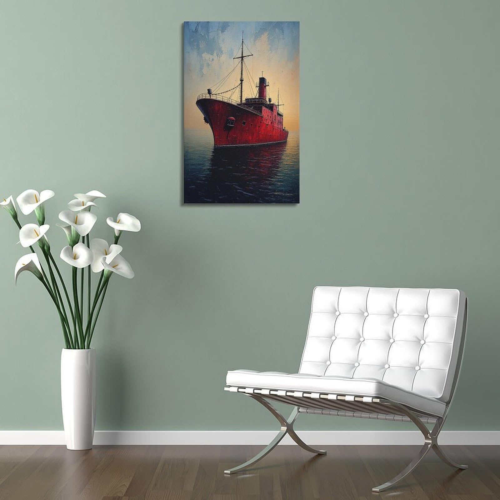 CWLLOG Leinwanddrucke, Wandkunst, Poster, Landschaft, rotes Schiff, Segeln auf Meer, Rahmen-Stil, moderne Wohn- und Schlafzimmer-Dekoration, 50 x 75 cm