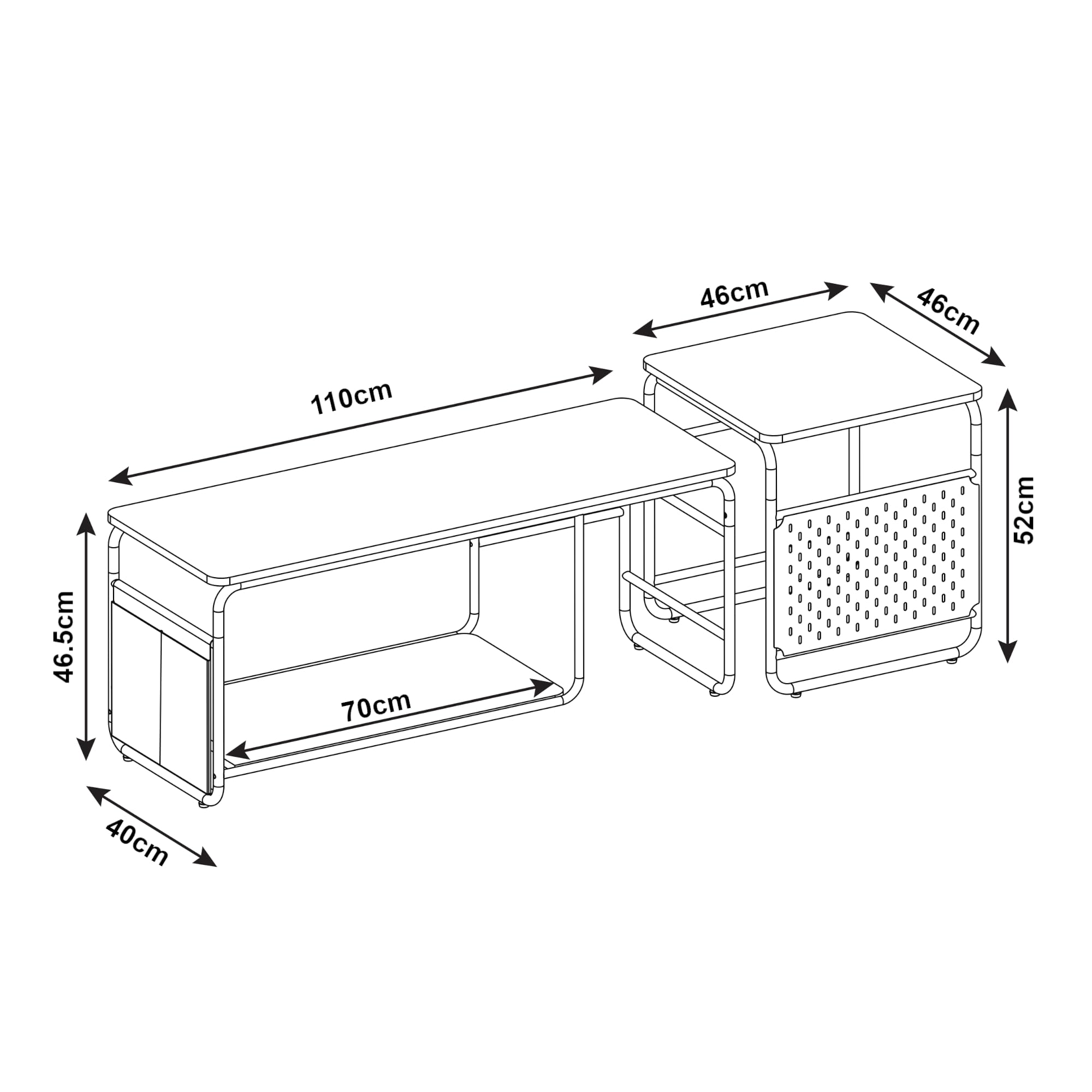 [en.casa] Set 2 in 1 Mobile TV e Tavolino Basso Stand TV e Centri Multimediali a 2 Ripiani 46,5 x 110 x 40 cm e Tavolino Basso Sovrapponibile 52 x 46 x 46 cm Bianco/Effetto Rovere