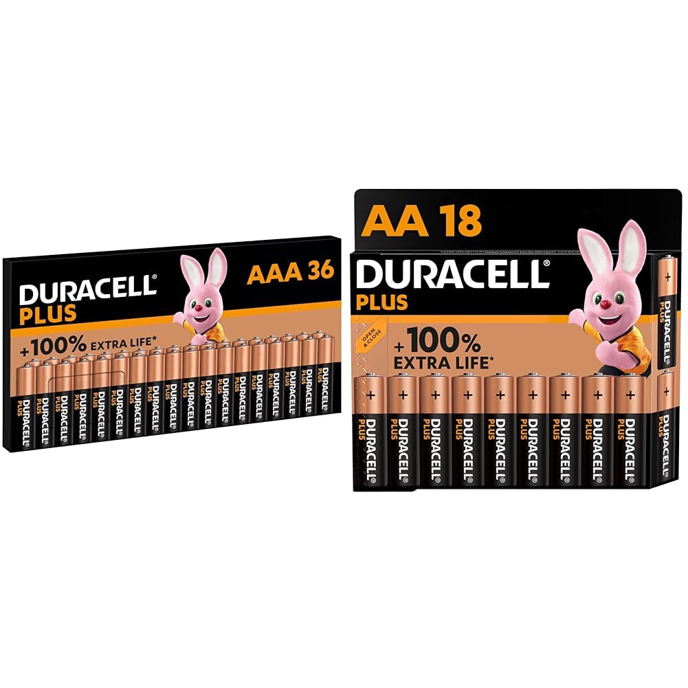 Duracell Batterie Plus AAA(pacco da 36) - Alcalina 1.5V - Fino al 100% di extra durata & Batterie Plus AA (pacco da 18) - Alcalina 1.5V - Fino al 100% di extra durata