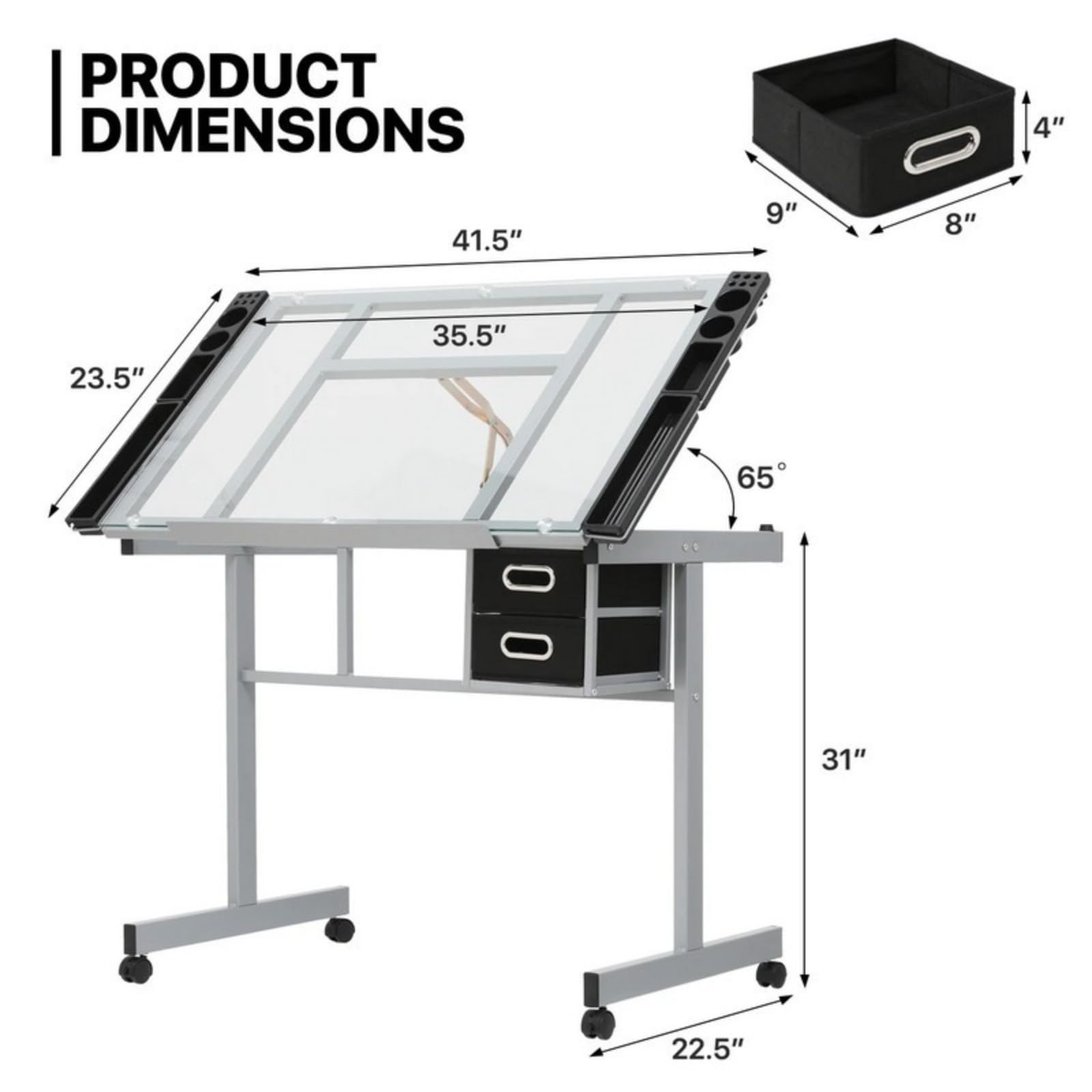 Adjustable Height Glass Top Rolling Drafting Table with Drawers Ideal Craft Station for Home Office W Station