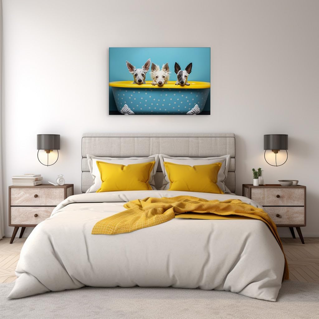 Canvas for Living room. A Delightful Mismatch: Three Unique Dogs Share a Bath in a Bathtub of Contrasts, 27 x 18 inch Canvas Wall Art - Cavalier King Charles Spaniel - Nature Home Decor