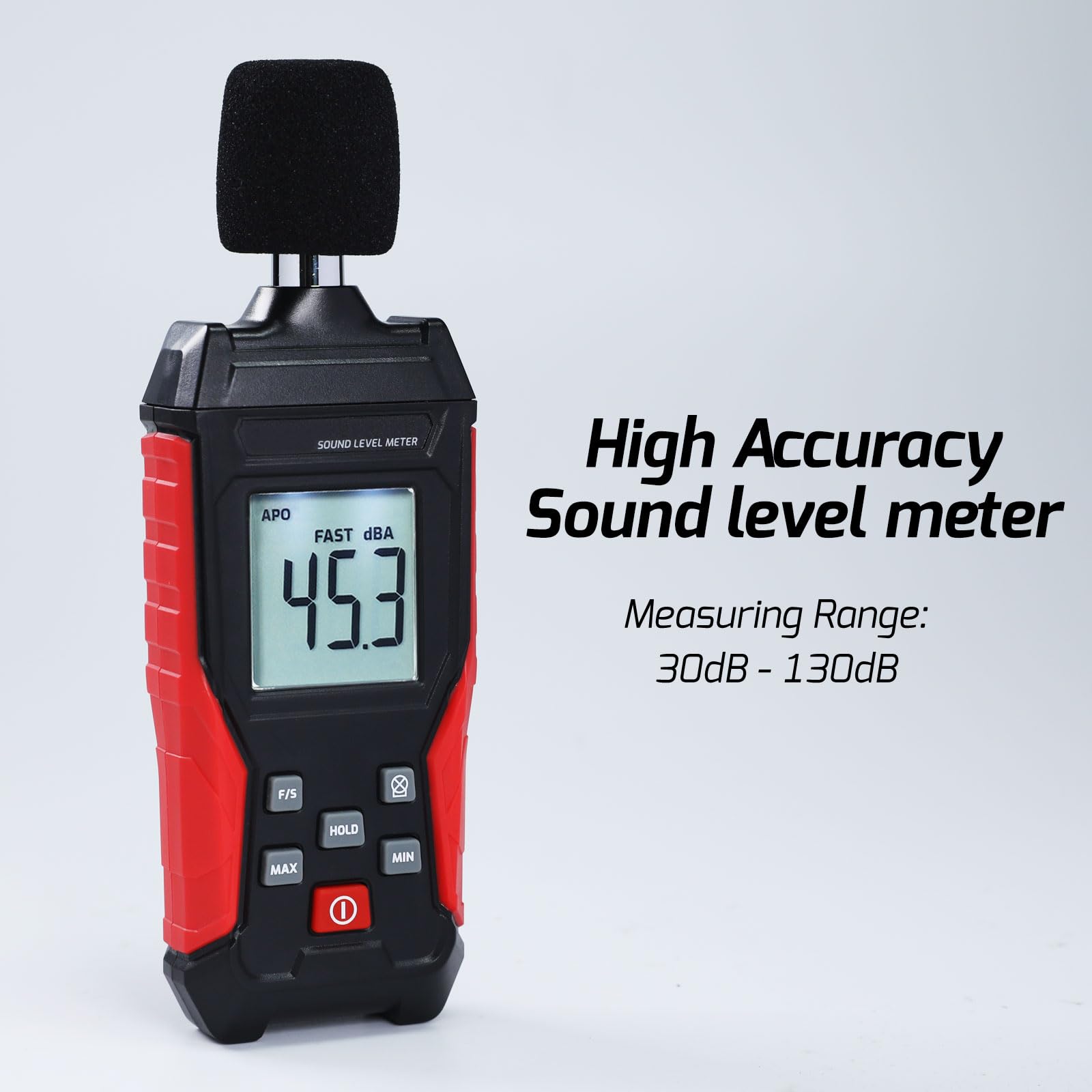 Medidor de decibelios Lector de nivel de sonido portátil SPL medidor de 30 a 130 dB máx/min alarma de retención de datos con retroiluminación pantalla LCD A/C ponderado medidor de decibelios de ruido