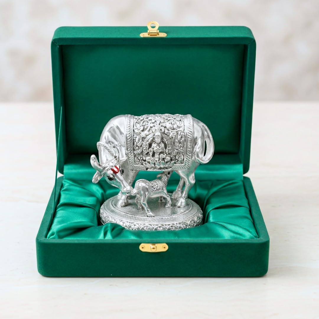 Dev Aastha 999 Pure Silver Plated Kamdhenu Cow Idol | 2.5 inch Vastu Home Decor for Pooja Room & Mandir | Symbol of Prosperity & Abundance | Ideal Religious & Spiritual Gift-image-41
