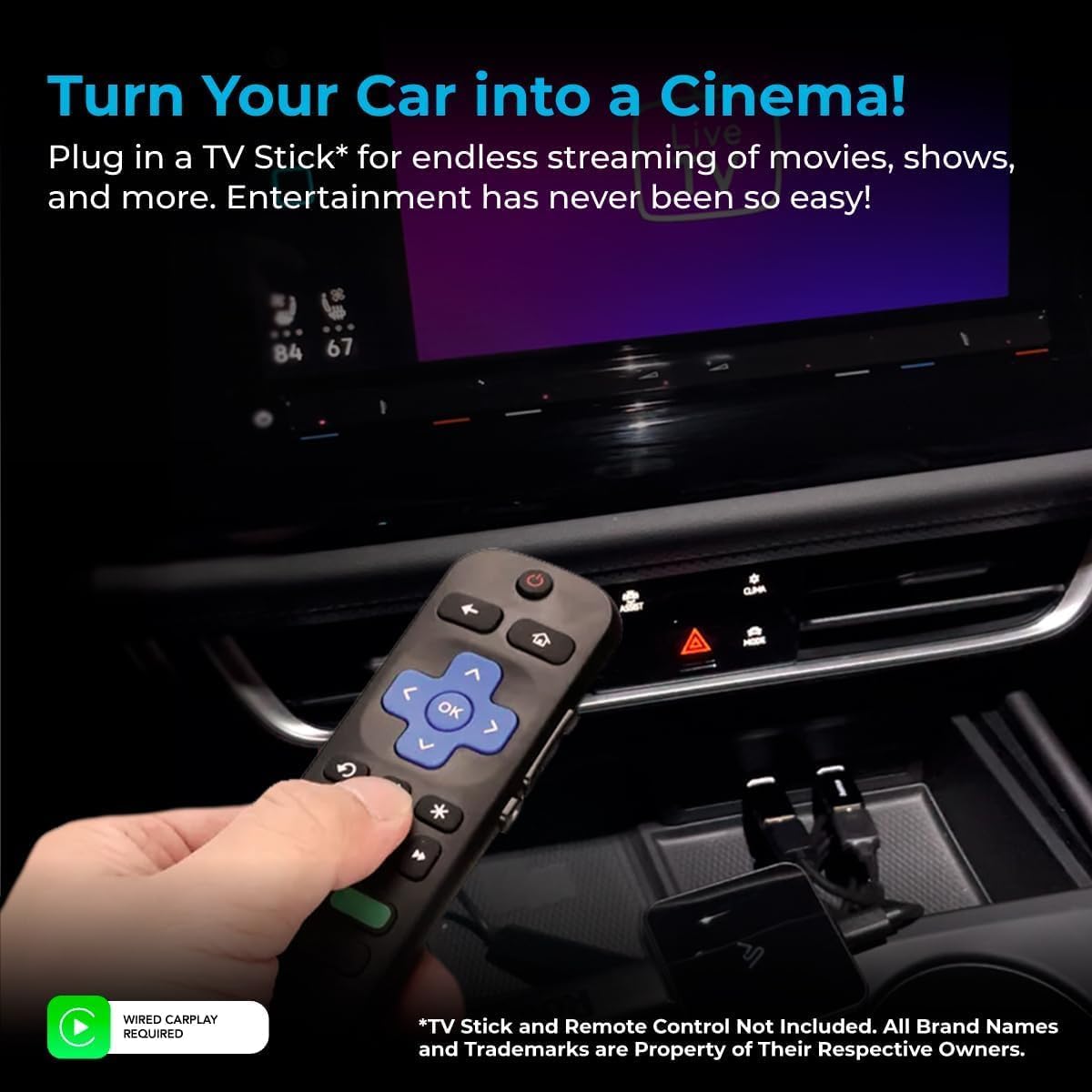 Car infotainment screen displaying streaming content from a TV stick