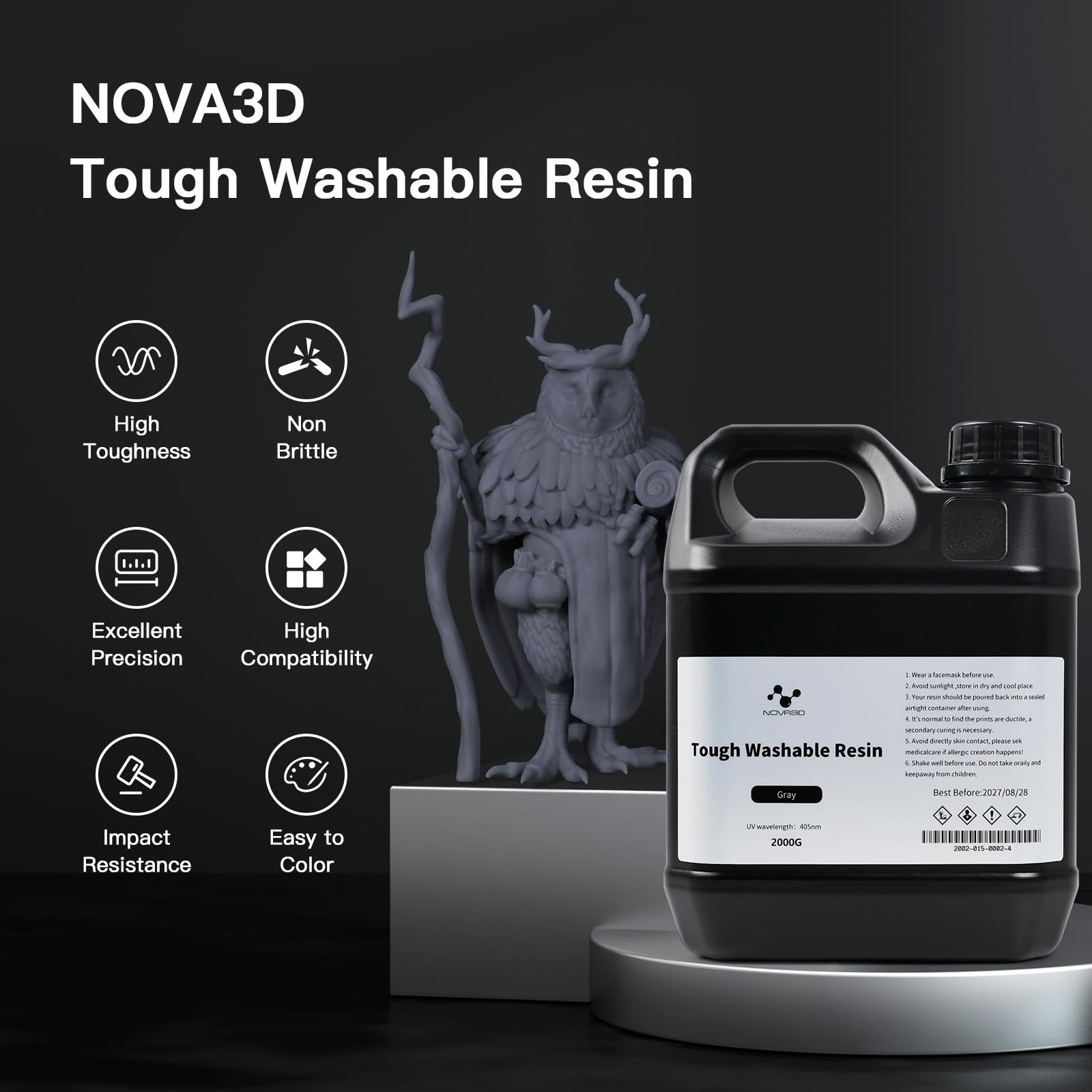 NOVA3D Resina resistente lavabile in ABS, resina fotopolimerica ad alta resistenza per stampa 3D, asciugatura rapida UV 405 nm, per stampanti 12K/14K/LCD/DLP/SLA, basso odore (grigio, 2 kg)