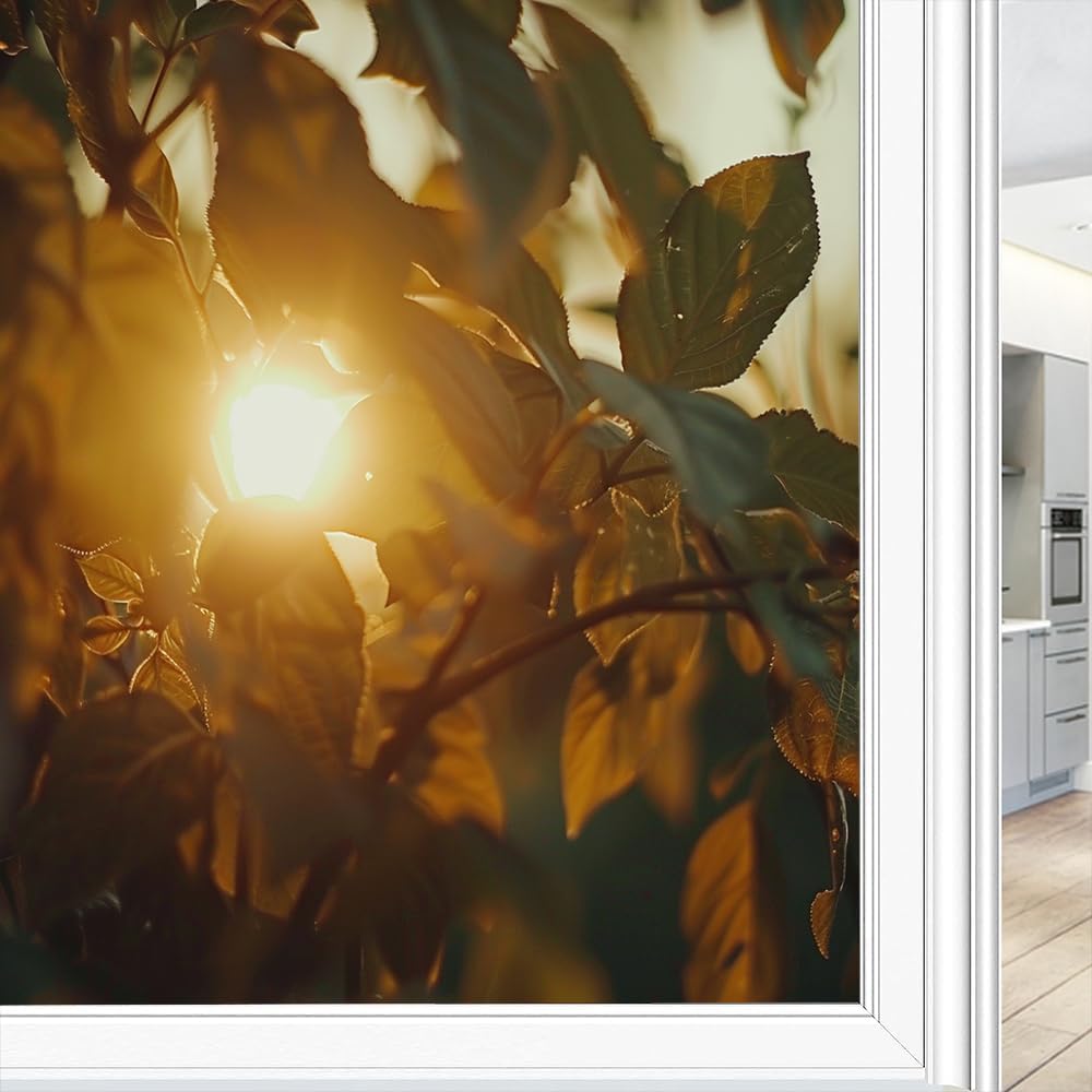 Modern Sunrise Window Film Privacy Natural Sun Green Leaf Tree Decorative Stained Glass Decal for Home, Adhesive Window Sticker 35.4Wx63L inch