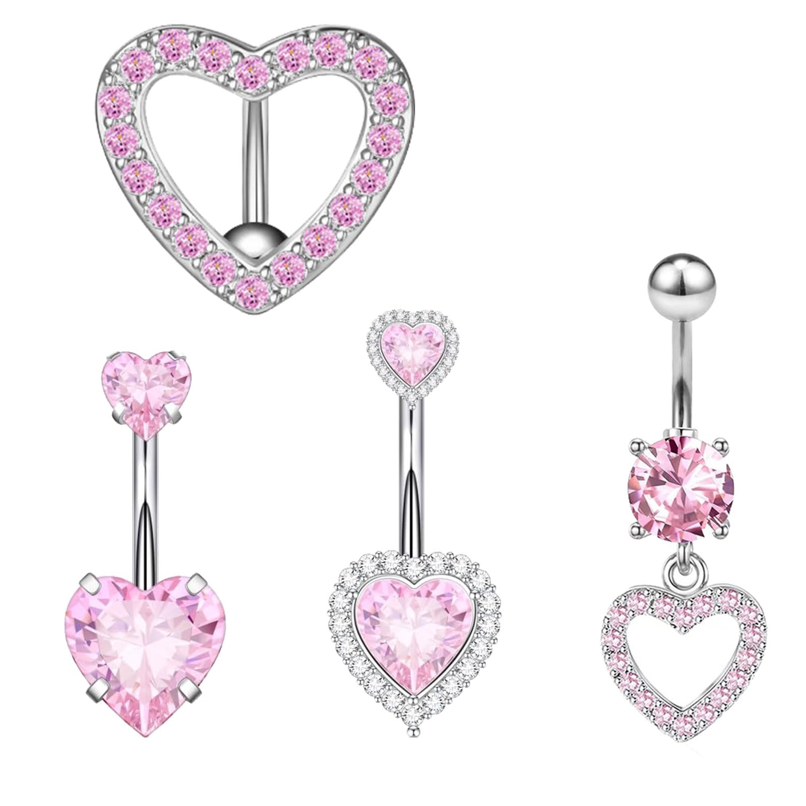 Lilbitty Juego de 4 anillos para pezones y ombligo, de acero inoxidable, color rosa brillante, con forma de corazón, para pezón, para el cuerpo, para disfrazarse