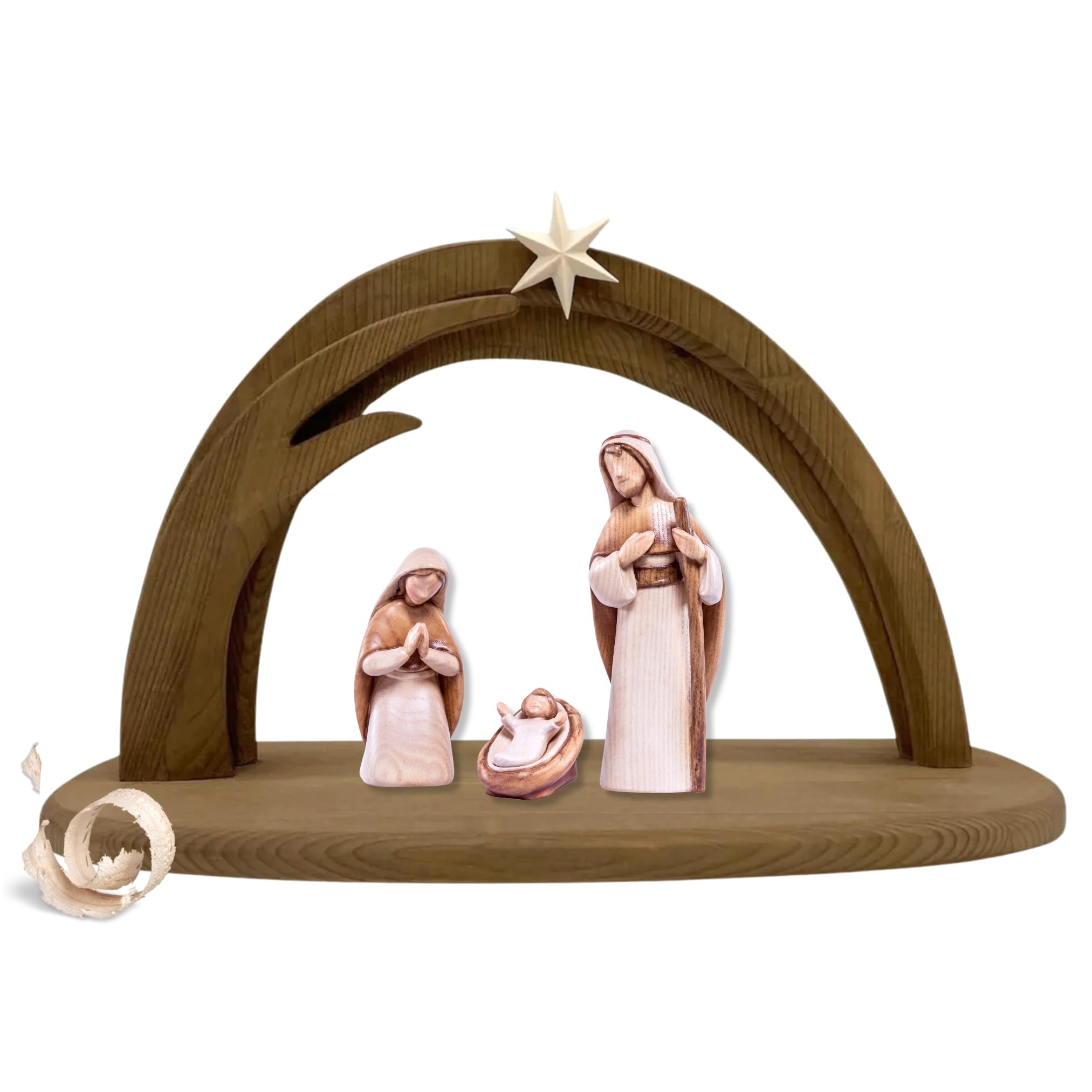 Akantus Krippe aus Holz: Heilige Familie (gebeizt) mit Krippenbogen (10 cm)
