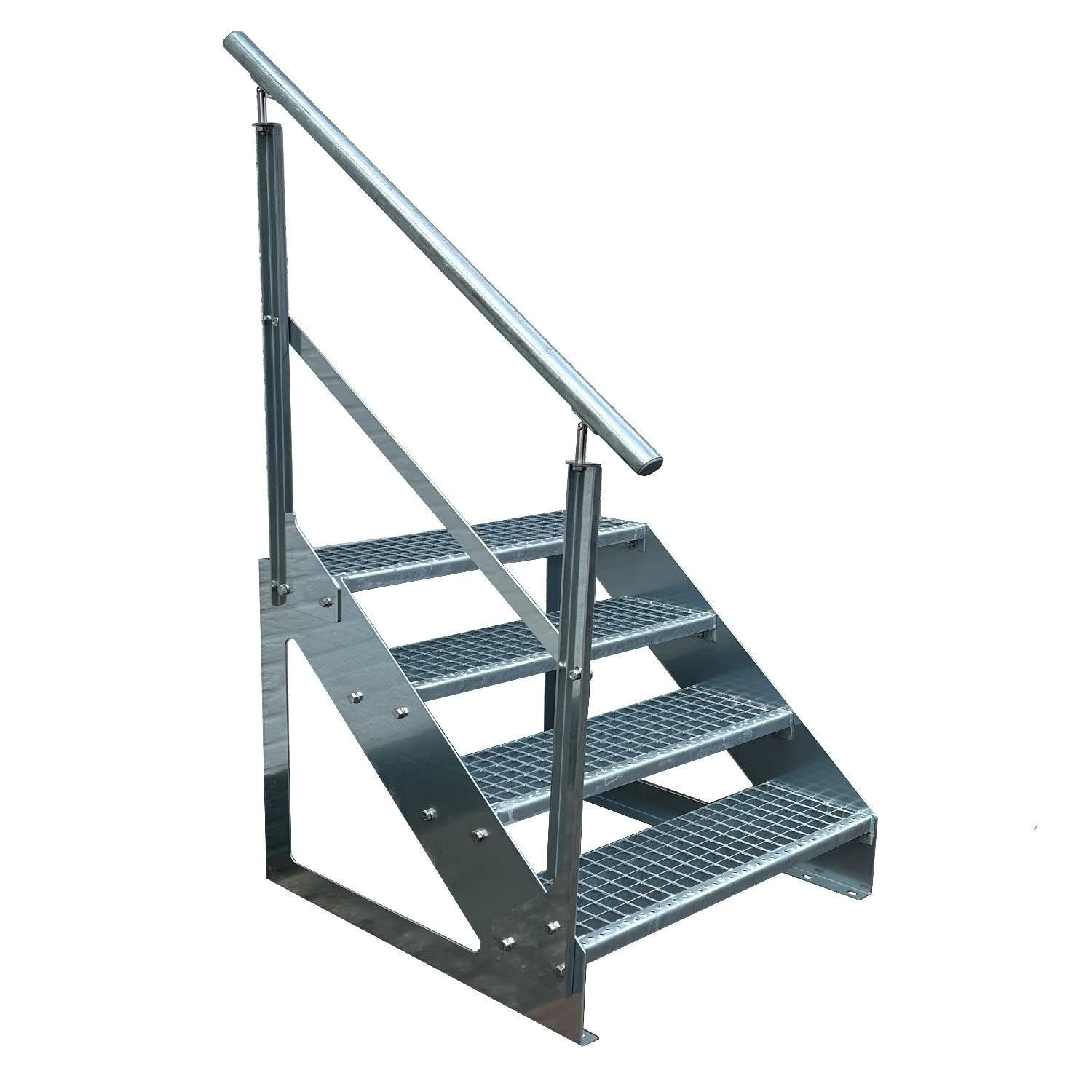 Premium Caillebotis acier Escalier à limon 4 Marches Autoportant Entièrement galvanisé avec garde-corps à gauche - Dimensions (L x l x H) 82cm x 60cm x 76cm