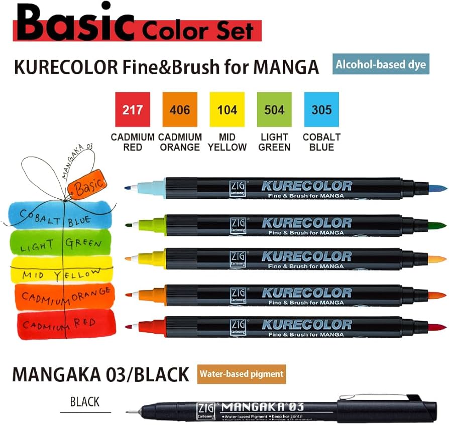Amazon.com: Kuretake Zig Cartoonist KURECOLOR Fine&Brush Basic set