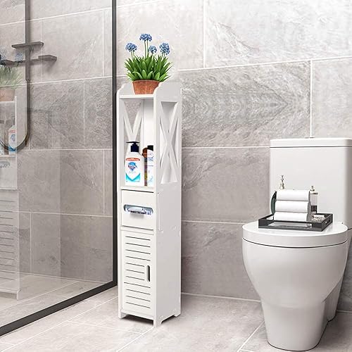 Miniatura 4 de Greensen Armario de baño blanco para el suelo, organizador de almacenamiento de pie, gabinete lateral delgado para el hogar, cocina, cuarto de baño,