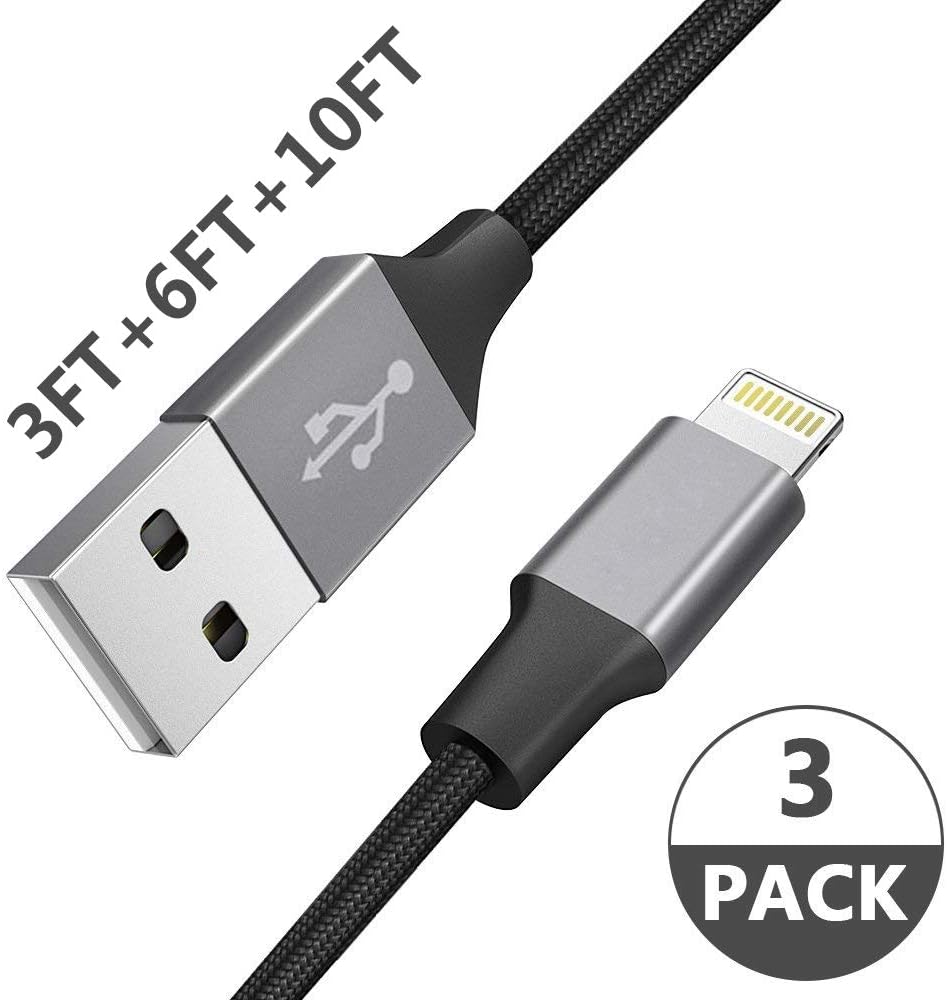 MFi Certified Lightning Cable, Phone Charger Cable【3-Pack 1/2/3M】 Extra Long Nylon Braided Fast Charging& Syncing Cord Compatible with iPhone XS/MAX/XR/X/8/8/Plus/7/7 plus/6s/ 6s Plus and More