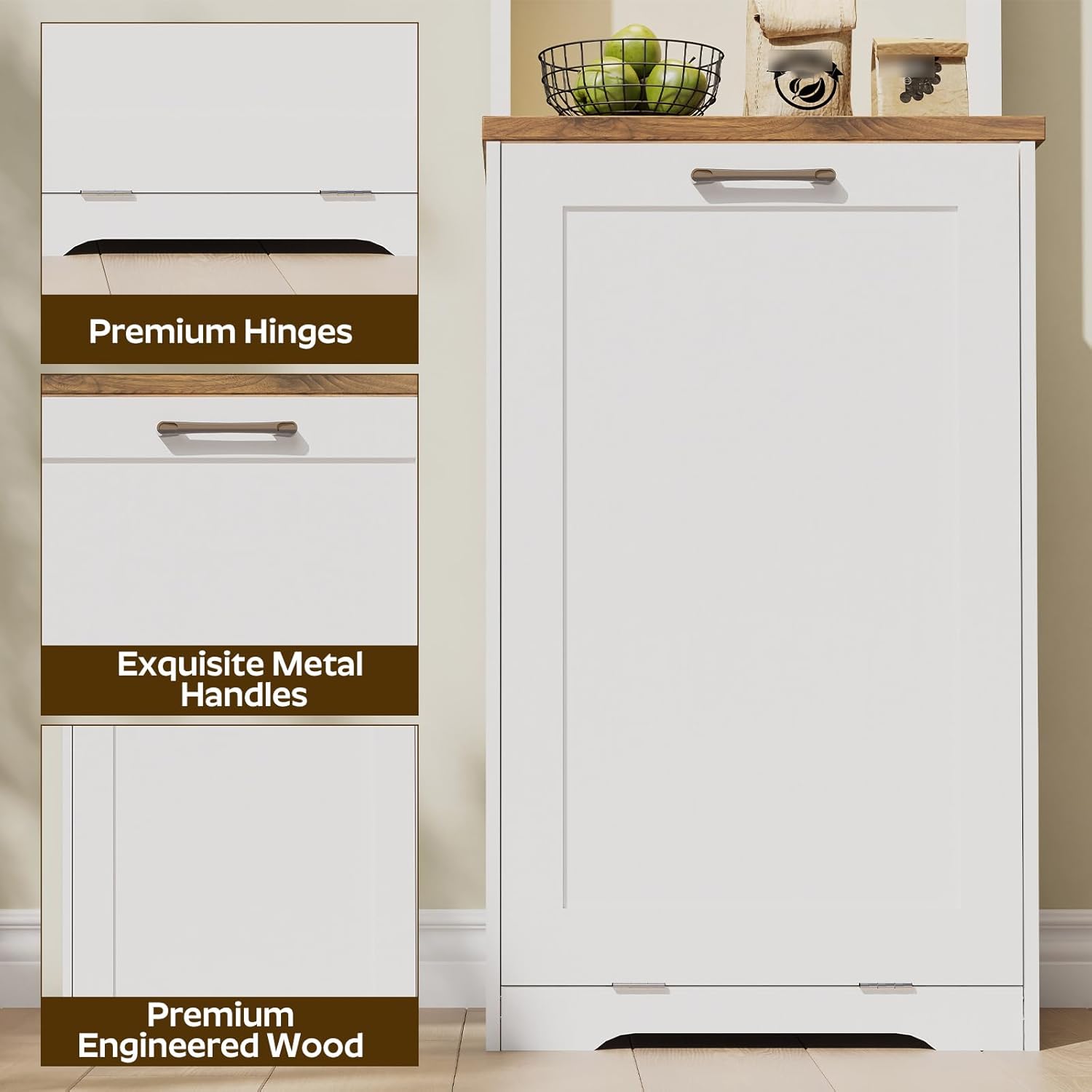 Tilt Out Trash Can Cabinet with Charging Station, Kitchen Trash Bin Cabinet with Hooks, 10 Gallons Wooden Recycling Cabinet, Hidden Garbage Cabinet, for Kitchen, Living Room, White WB02UWH