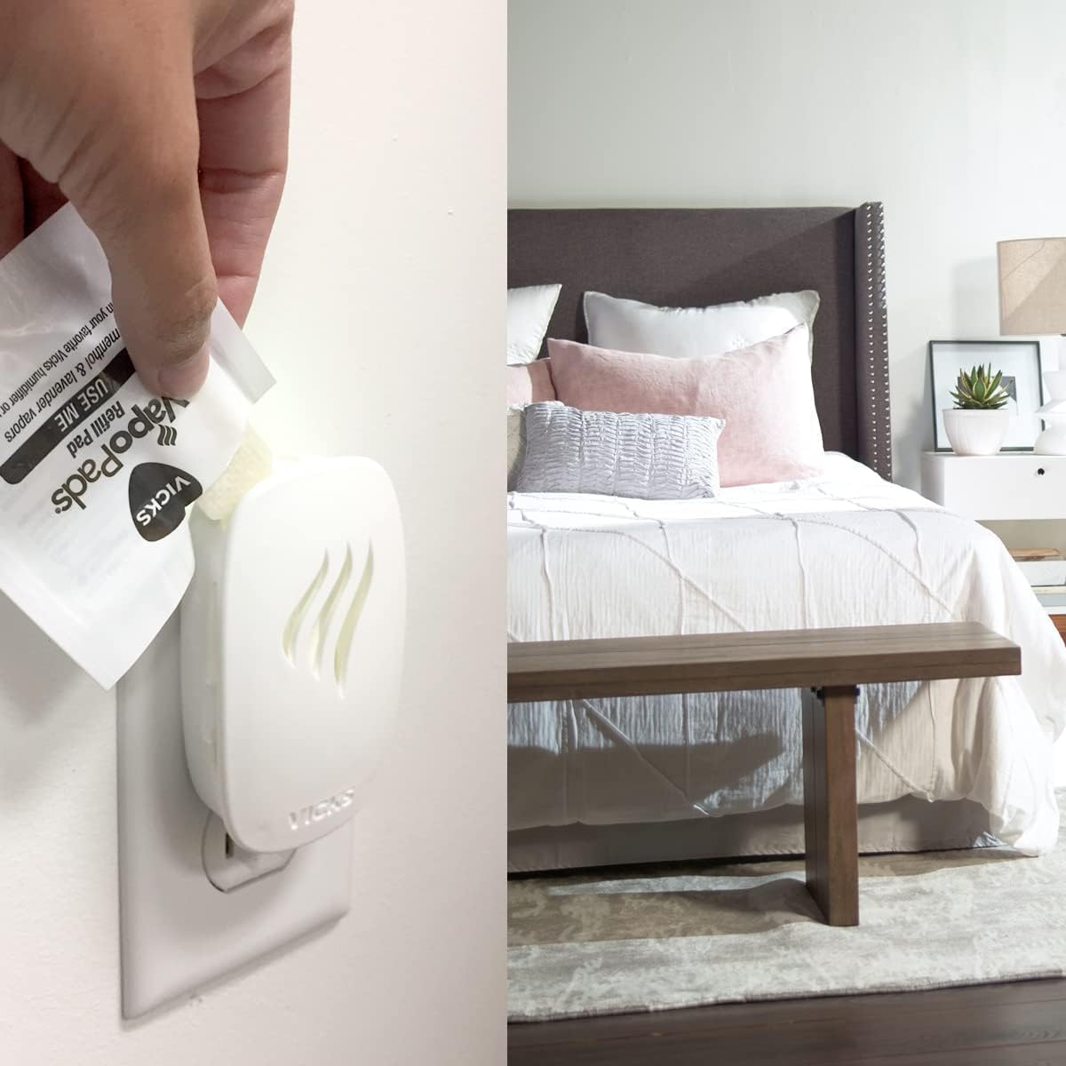 Hand inserting VapoPad into a Vicks plug-in device