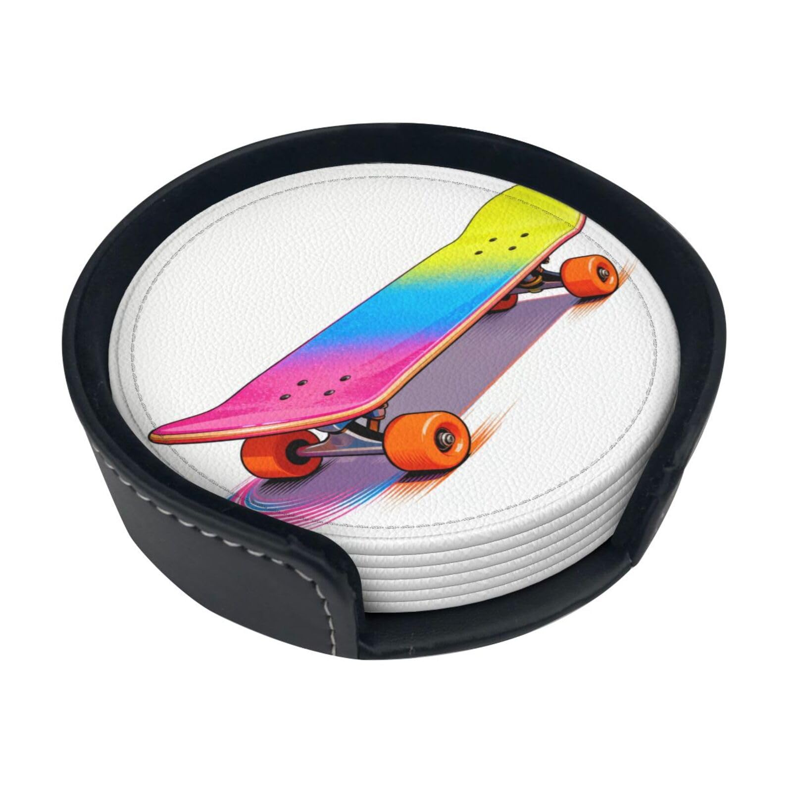 Cntdbu White Colorful Skateboards Leather Coasters Set Of 6-Pu Leather Drink Mats For Table, Heat Resistant Round Coasters With Holder