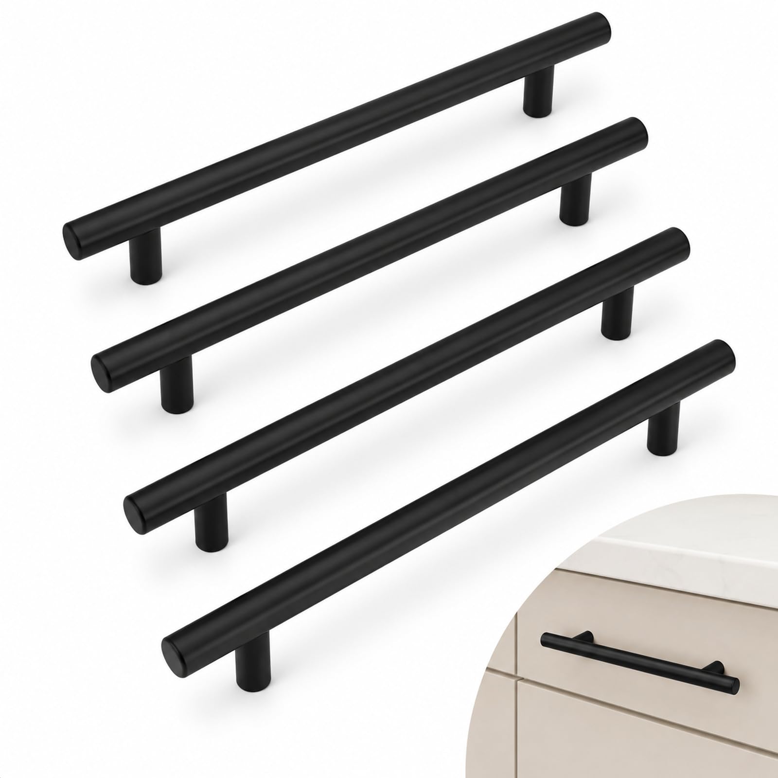 Qabonl 4 Pack Matte Black Cabinet Bar Handles, Stainless Steel 160mm Hole Centre Drawer Pulls