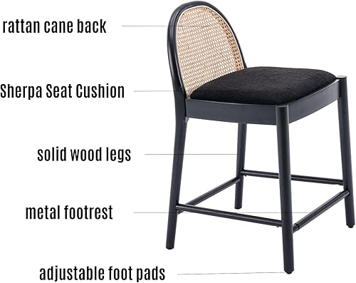 Miniatura 5 de LukeAlon Juego de 2 taburetes de bar modernos de sherpa, de 26 pulgadas de altura de asiento, con patas de madera, caña de ratán natural, sillas de