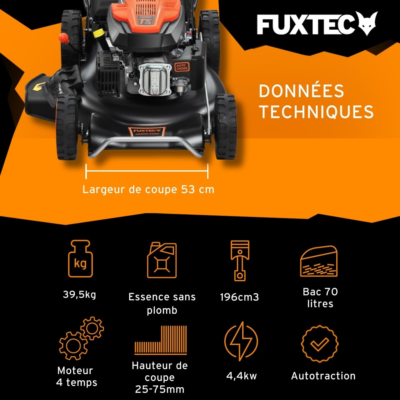 FUXTEC Tondeuse Thermique FX-RM5396 avec Largeur de Travail 53cm autotractée puissante cylindrée 196cm3 Easy Clean 4en1 6CV / 4,4KW Mulching/bac de ramassage 70L