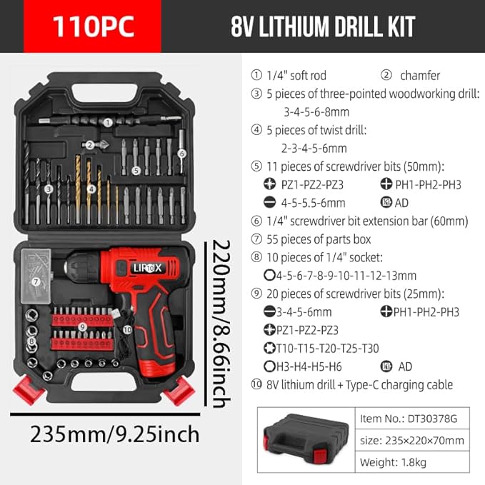 Set de Taladro Eléctrico 8V LIRFIX 110 Piezas con Maletín miniatura 7