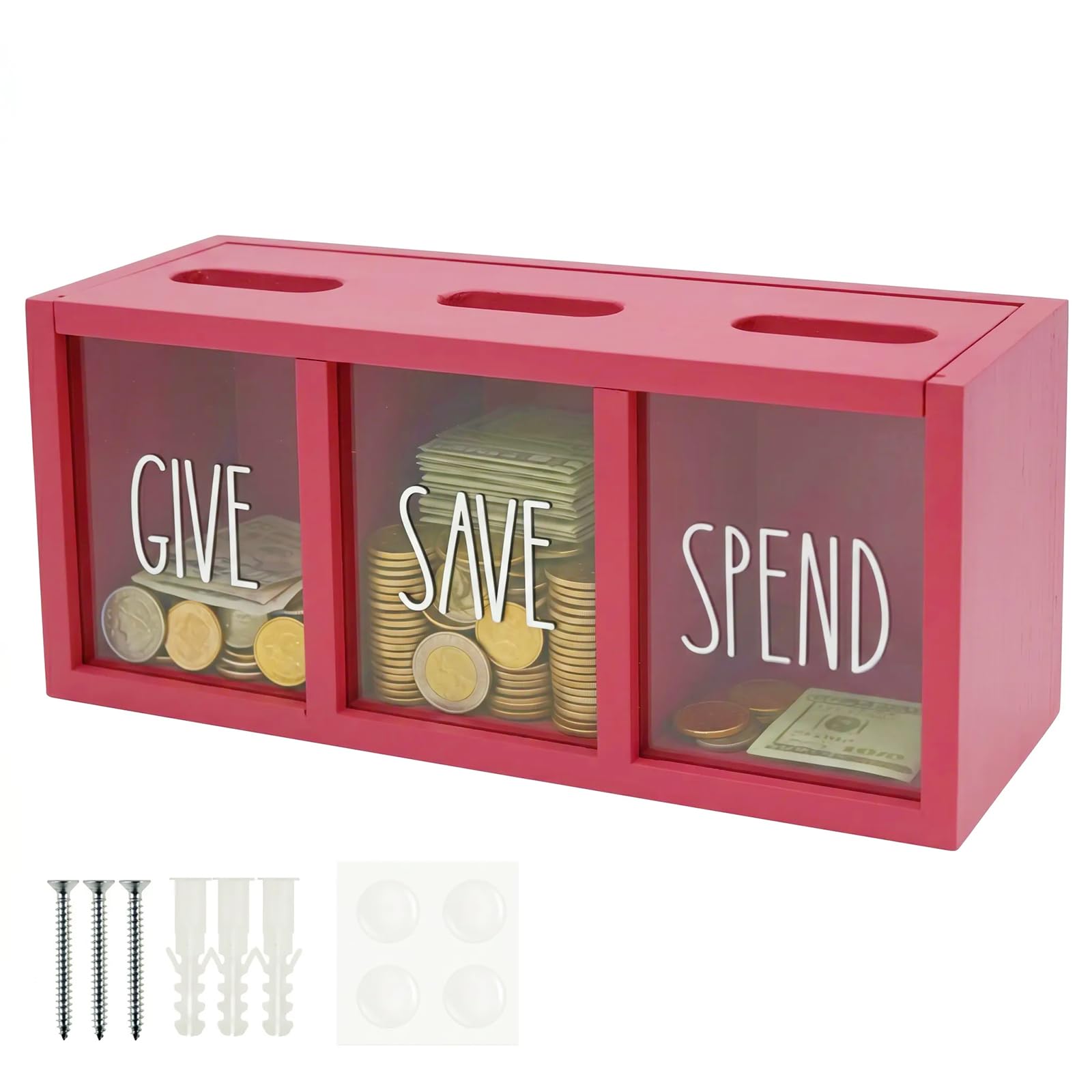 Yjqxmyu Pink Give Save Spend Money Box, 25Cm Visualized Wood Piggy Bank For Kids Adults, Wall Mounted Money Savings Challenge Cash Container, Teach Children About Giving & Saving Box (Pink)