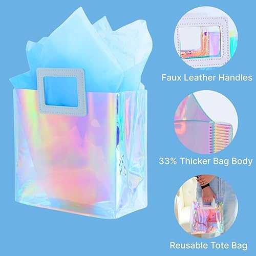 Miniatura 61 de Bolsa de regalo holográfica con papel de seda, reutilizable, bolsa de regalo de cumpleaños para mujeres y niñas, iridiscente, despedida de soltera
