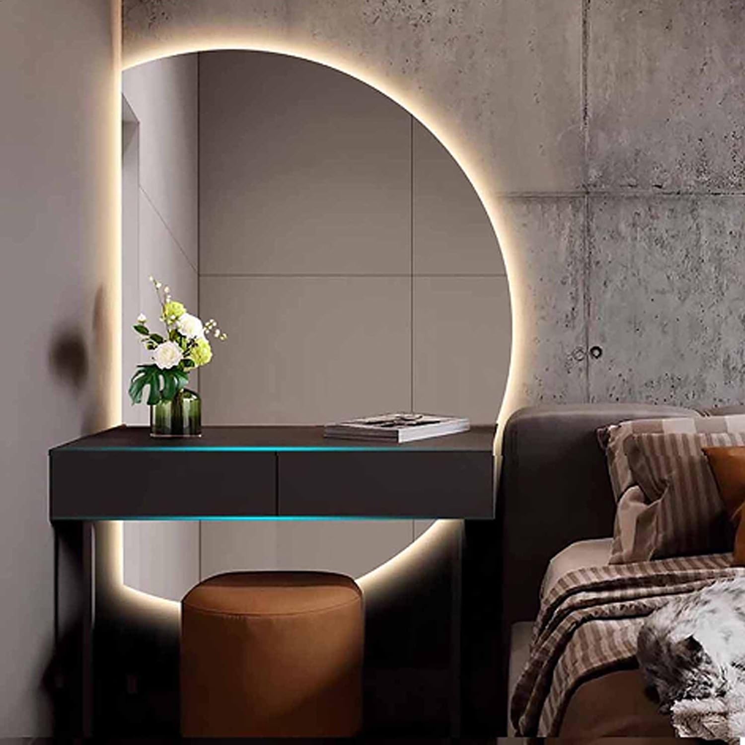 WQZzjm AntiFog Backlit Vanity Mirror, 3 Color Dimmable Wall Bathroom Mirror, HalfCircle Design (Right Cut, 90cm) (Left Cut 90cm)