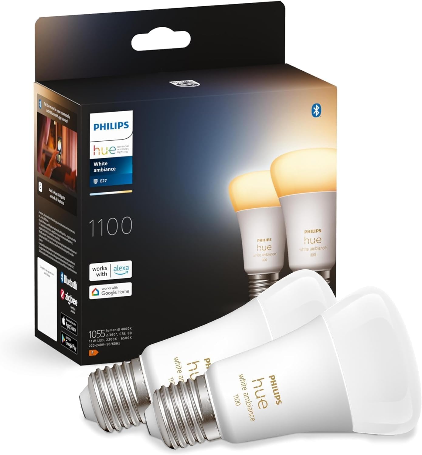 New White Ambiance Smart Light Bulb 2 Pack 75W - 1100 Lumen [E27 Edison Screw] with Bluetooth. Works with Alexa, Google Assistant and Apple Homekit.