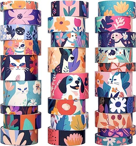 Cute Washi Tape Set, 27 Rolls Masking Tape with Cat, Dog, Flower, Colorful Washi Tape for Journaling Aesthetic, Scrapbooking, Planner, Kids' Crafts