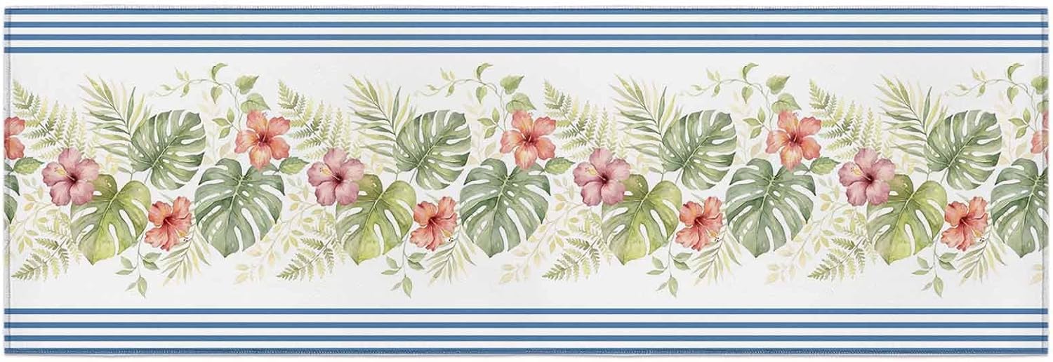Kitchen Mats for Floor Watercolor Monstera Leaves Flower Washable Non Slip Kitchen Rugs 1PCS, Summer Plant Blue Stripes Absorbent Standing Mats for Sink Bathroom Office Living Room 15.7x47.2in