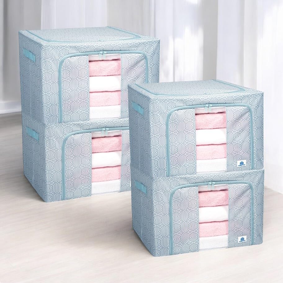 HomeStrap 66L Foldable Living Box | Spacious Organizer | Durable Oxford Fabric with Steel Frame, Zipper & Handles | Perfect for Quilts, Clothes, Books, Bedding (Pack of 4)-picture-18