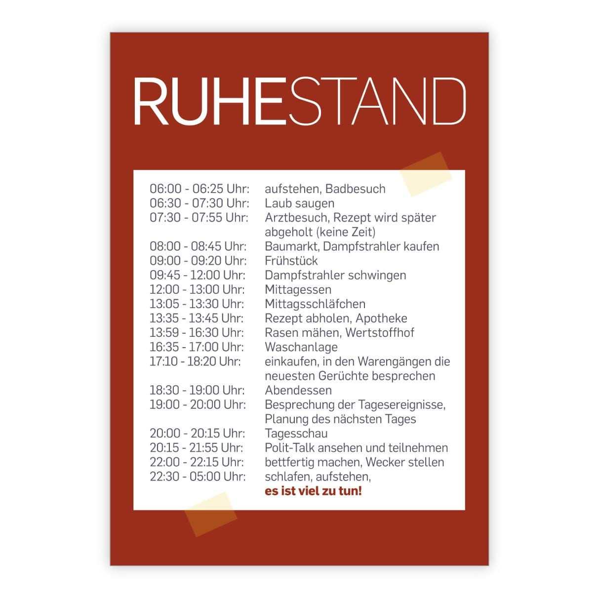 16x Lustige moderne Rentenkarte: Keine Zeit für Ruhestand mit Tagesablauf • fröhliches Klappkarten Set zum Abschied mit Spruch für Kollegen, Freunden, Familie zur Pensionierung
