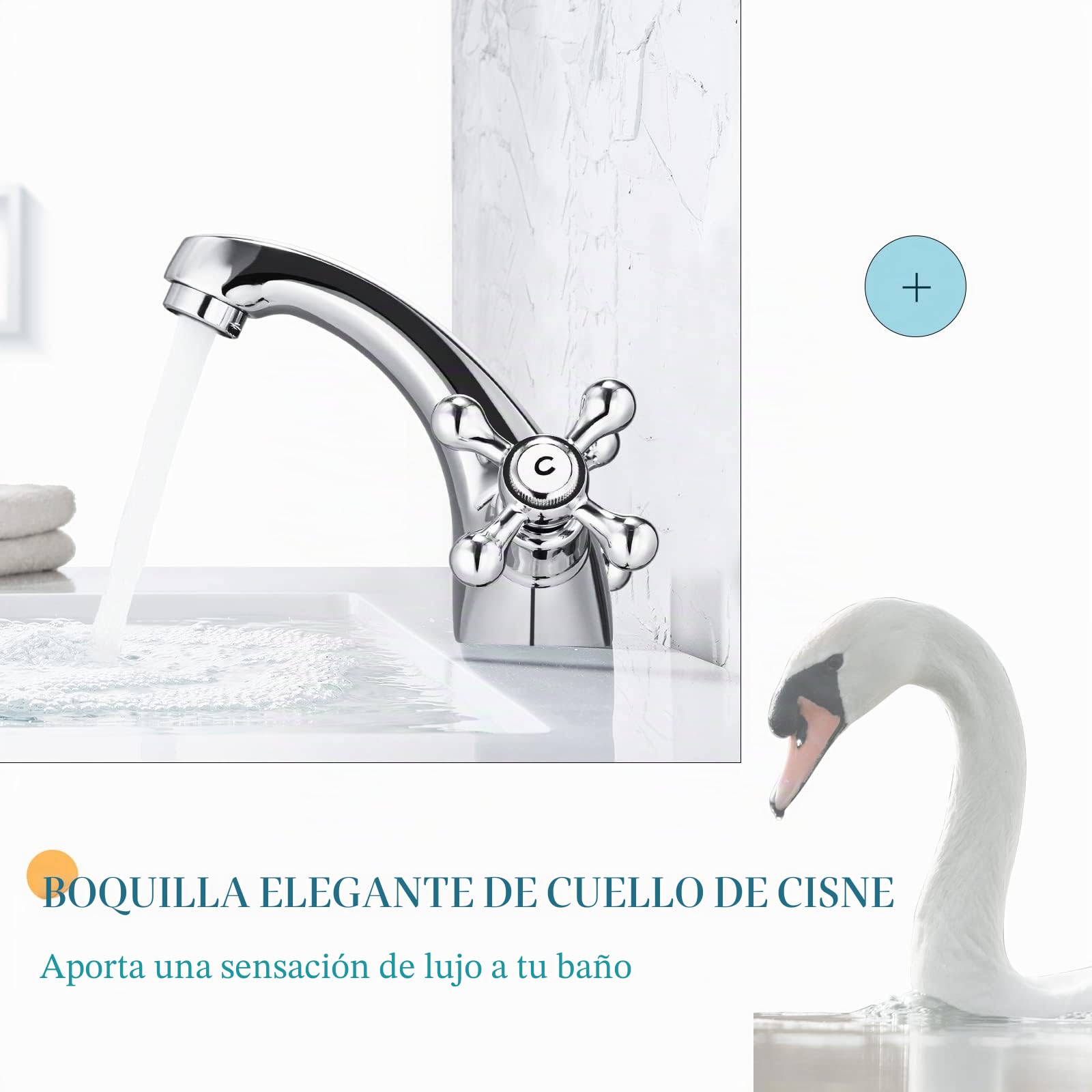 Peppermint Grifo monomando para lavabo, grifo de lavabo cromado con cruceta monofónica tradicional victoriana de doble asa, grifo mezclador con Hoese estándar
