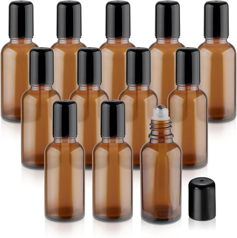 Mirrline Frascos roll-on de vidro âmbar recarregáveis com esferas de aço inoxidável e tampa preta, 30 mL, Pacote com 12