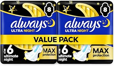 Always Sanitary Towels Ultimate Night with Wings - 16 Pads (Pack of 2 x 8) Overnight Protection for Heavy Flow with Secure Attachment to Prevent Leakage Continuous Dryness During Sleep