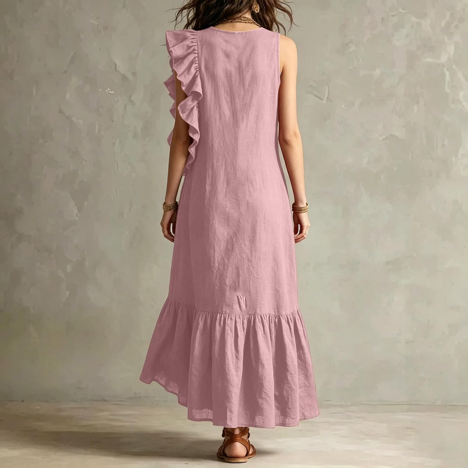 Women's Crew Neck Maxi Dresses Casual Sleeveless Loose Fit Fashion Ruffle Hem Fashion Dress Travel Vacation Dresses